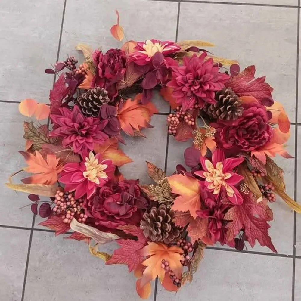 Door Wreath Autumn Dahlia, maple leaves and pinecone BURGUNDY RED ORANGE FLOWERS
